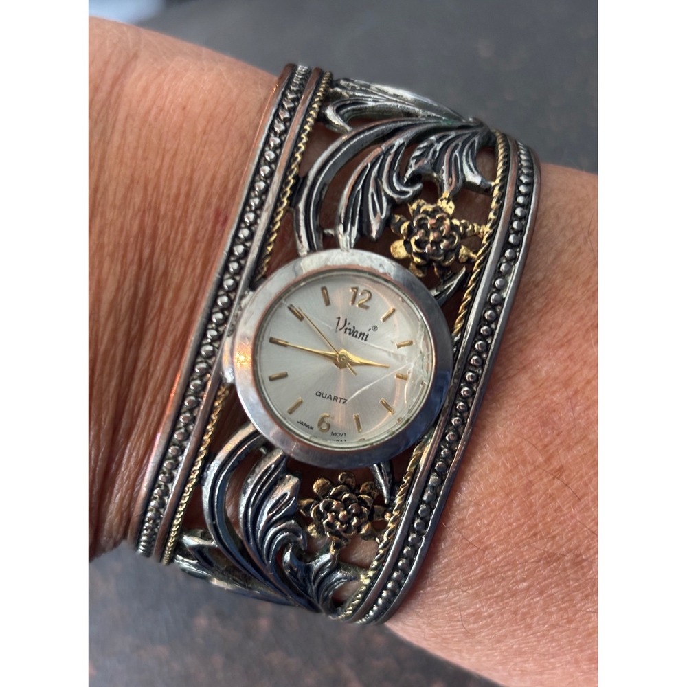 Vivani Mixed Metal Cuff Watch Ornate Floral Filigree Silver Gold Copper Tone